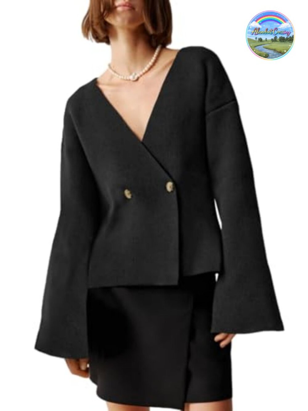 Womens Oversized Knit Cardigan Deep V Neck Bell Sleeve Double Breasted Blazer